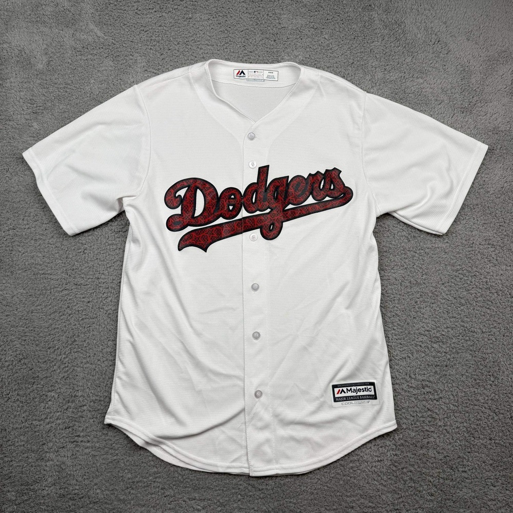 Los Angeles Dodgers Men M Majestic White Red Star Script Cool Base Jersey LA EUC